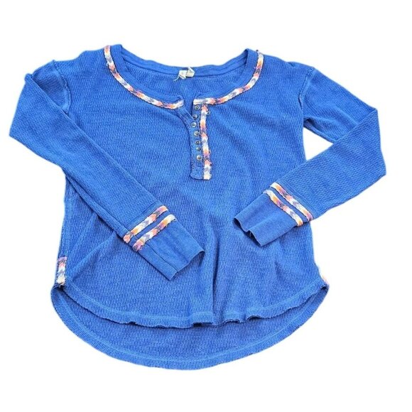 Free People Tops - Free People Womens Blue Waffle Knit Henley Top With Embroidered Trim Size S